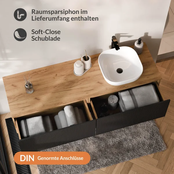 ARISA Doppelwaschtisch 160 cm in Schwarz Geriffelt mit einem weißen Keramik-Aufsatzwaschbecken je 42 cm