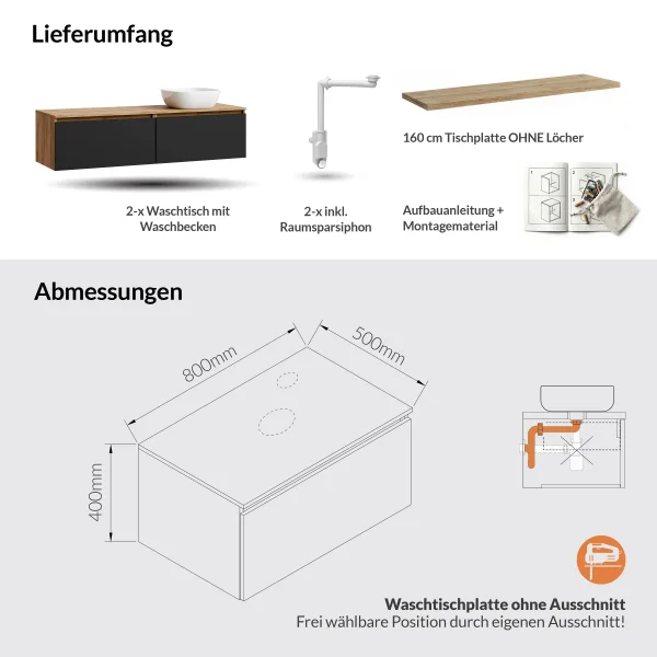 ARISA Doppelwaschtisch 160 cm in Schwarz Geriffelt mit einem weißen Keramik-Aufsatzwaschbecken je 42 cm