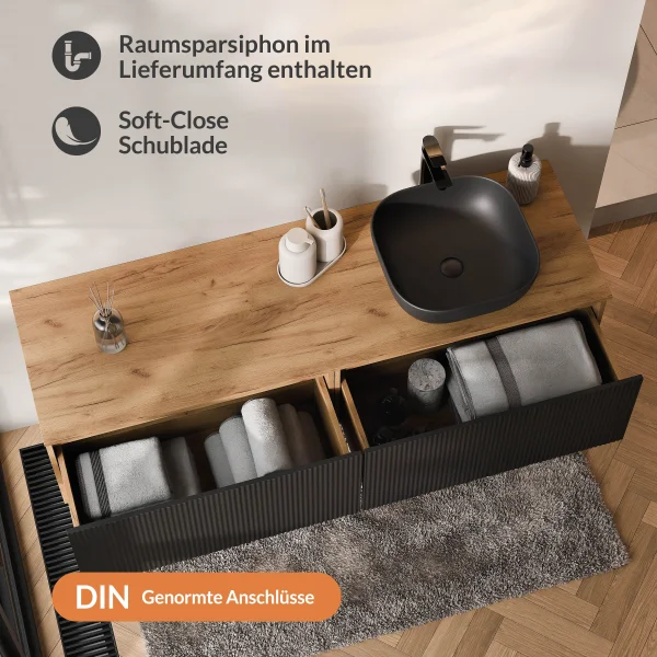 ARISA Doppelwaschtisch 160 cm in Schwarz Geriffelt mit einem schwarzen Keramik-Aufsatzwaschbecken je 42 cm