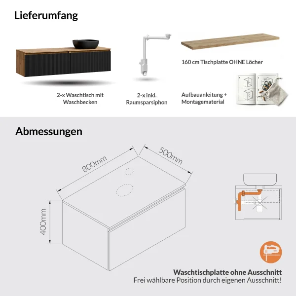ARISA Doppelwaschtisch 160 cm in Schwarz Geriffelt mit einem schwarzen Keramik-Aufsatzwaschbecken je 42 cm