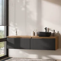 ARISA Double Vanity, 160 cm, in Black Ribbed, with two...