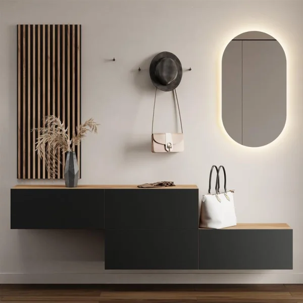 Garderobenset aus Flurschrank 2x 140 cm, ovaler LED Spiegel und Wandpaneel (3-teilig)