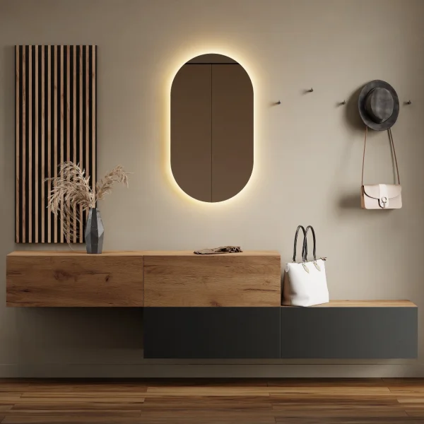 Garderobenset aus Flurschrank 2x 160 cm, ovaler LED Spiegel und Wandpaneel (3-teilig)