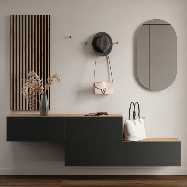 Garderobenset aus Flurschrank 2x 140 cm, ovaler Spiegel und Wandpaneel (3-teilig)