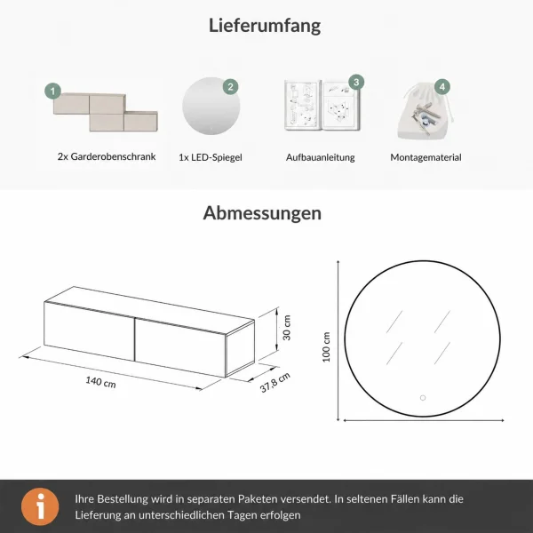Muebles de pasillo: guardarropa con 2 armarios colgantes de 140 cm en color «Cachemira» y espejo «Nova» de 100 cm