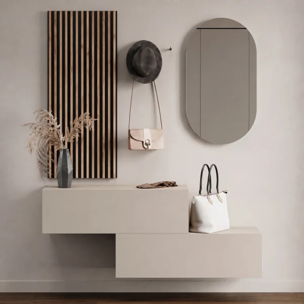 Hallway Coat Rack, 2 x 100 cm, with Wall Panels and Mirror, without LED Lighting, Cashmere