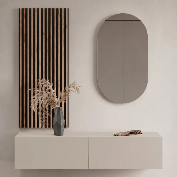 140 cm Hallway Coat Rack with Wall Panels and Mirror, without LED Lighting, Cashmere