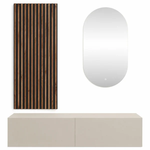 140 cm Hallway Coat Rack with Wall Panels and Mirror, without LED Lighting, Cashmere
