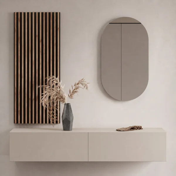 Armario de pasillo de 160 cm con paneles de pared y espejo, sin iluminación LED, color «Cachemira»
