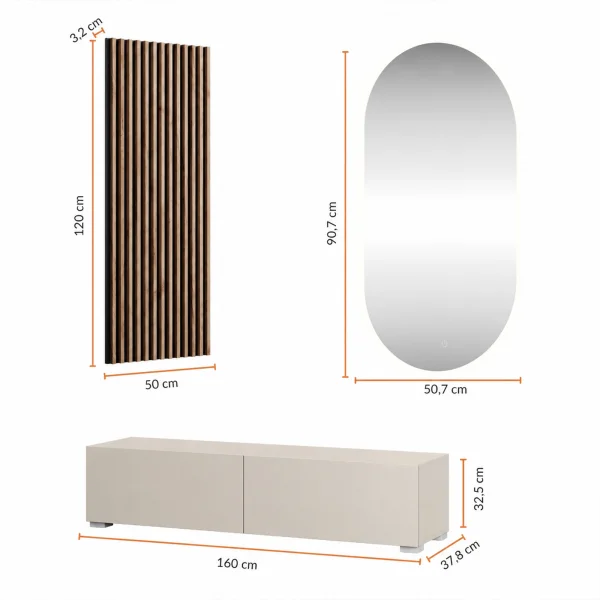 Armario de pasillo de 160 cm con paneles de pared y espejo, sin iluminación LED, color «Cachemira»