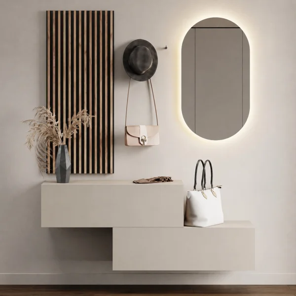 2x 100 cm Hallway Coat Rack with Wall Panels and Mirror with LED Lighting, Cashmere