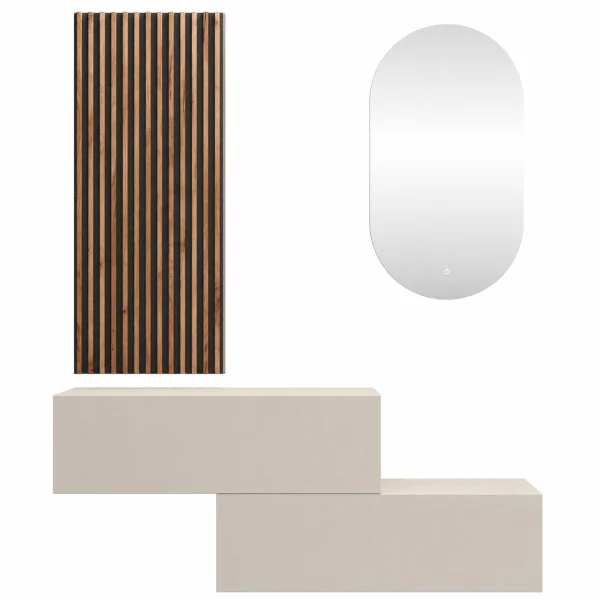 2x 100 cm Hallway Coat Rack with Wall Panels and Mirror with LED Lighting, Cashmere