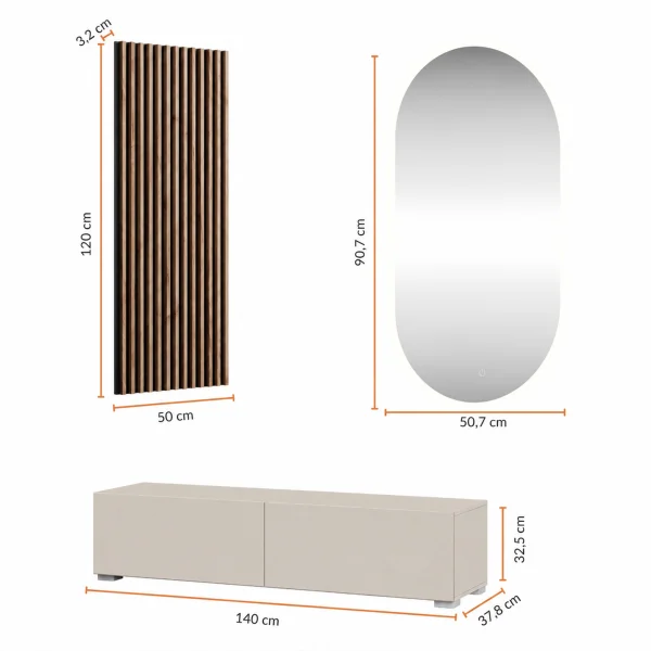 Armario de pasillo de 140 cm con paneles de pared y espejo con iluminación LED «Kashmir»