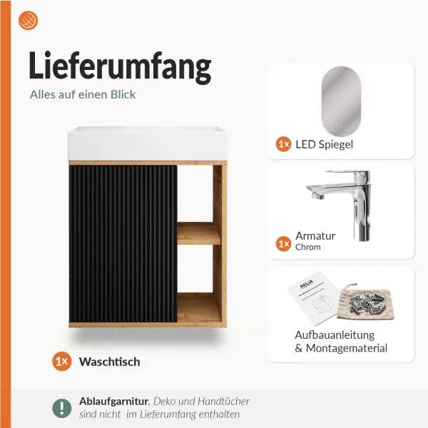 RELIA Waschtischunterschrank 50cm mit LED Spiegel Gold Eiche / Schwarz Waschtisch + Armatur Chrom