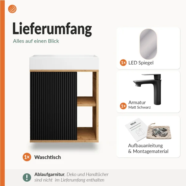 RELIA Waschtischunterschrank 50cm mit LED Spiegel Gold Eiche / Schwarz Waschtisch + Armatur Matt Schwarz