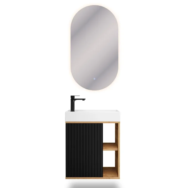RELIA Waschtischunterschrank 50cm mit LED Spiegel Gold Eiche / Schwarz Waschtisch + Armatur Matt Schwarz