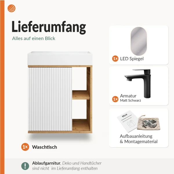 RELIA Waschtischunterschrank 50cm mit LED Spiegel Gold Eiche / Weiß Waschtisch + Armatur Matt Schwarz