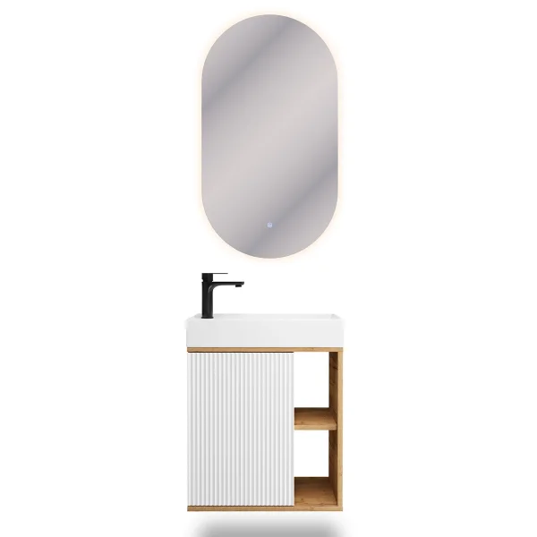 RELIA Waschtischunterschrank 50cm mit LED Spiegel Gold Eiche / Weiß Waschtisch + Armatur Matt Schwarz