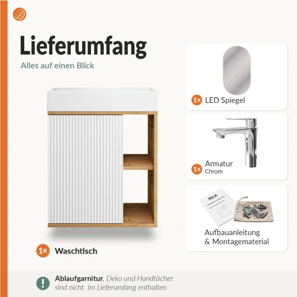 RELIA Waschtischunterschrank 50cm mit LED Spiegel Gold Eiche / Weiß Waschtisch + Armatur Chrom