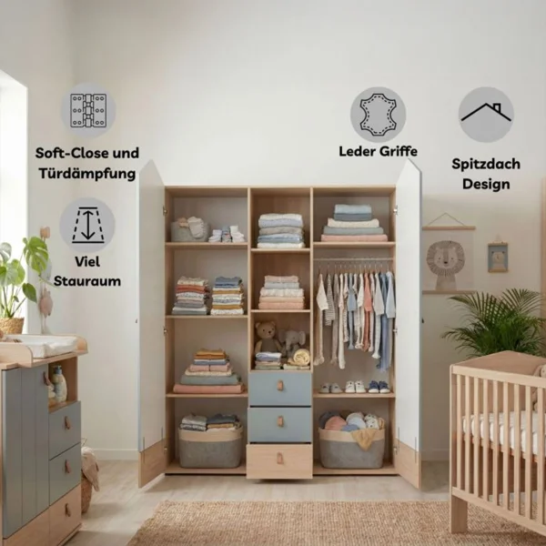 6-teiliges Babymöbel-Megaset »Roofy« mit 2-trg. Kleiderschrank