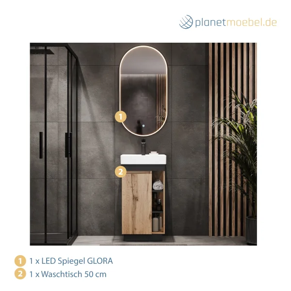NYX 50 cm Wotan Oak Bathroom Furniture Set with GLORA LED Mirror