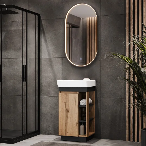 Nyx 45 cm Wotan Oak Bathroom Furniture Set with GLORA LED Mirror