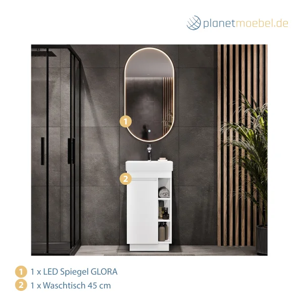 NYX Bathroom Furniture Set, Matte White, 45 cm, with GLORA LED Mirror