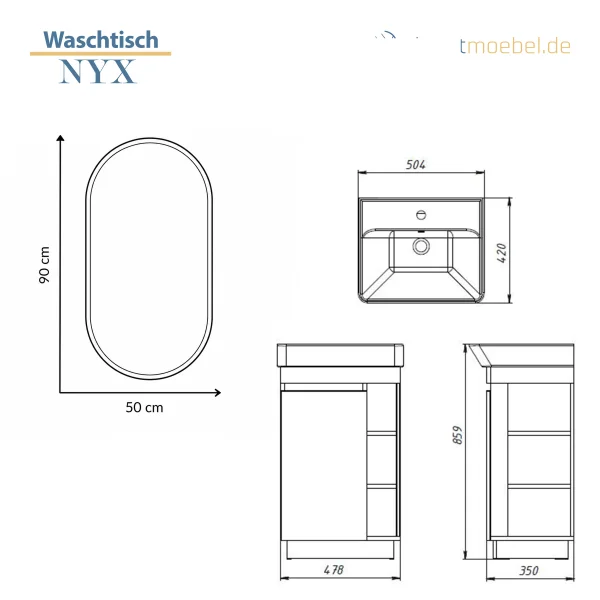 NYX Bathroom Furniture Set, Matte White, 50 cm, with GLORA LED Mirror