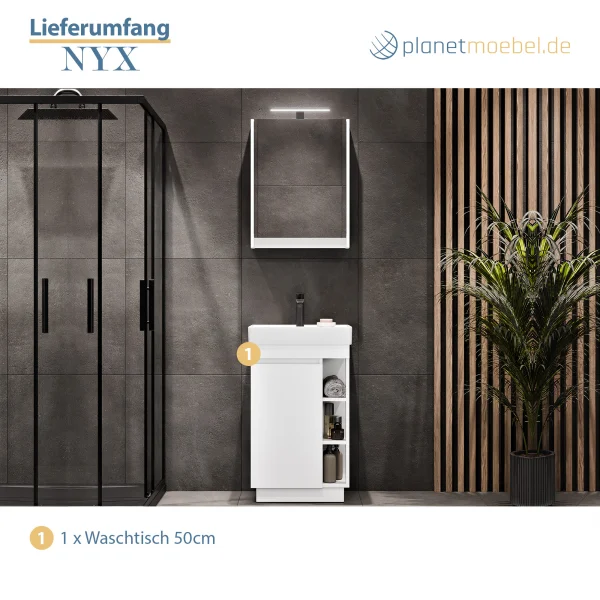 NYX Bathroom Furniture Set, Matte White, 50 cm, with GLORA LED Mirror