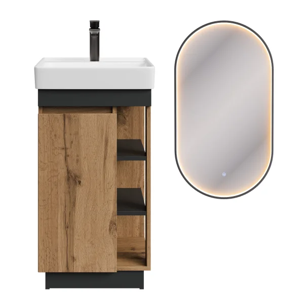 NYX Bathroom Furniture Set: 45 cm Wotan Oak Vanity with GLORA LED Mirror and Black Faucet