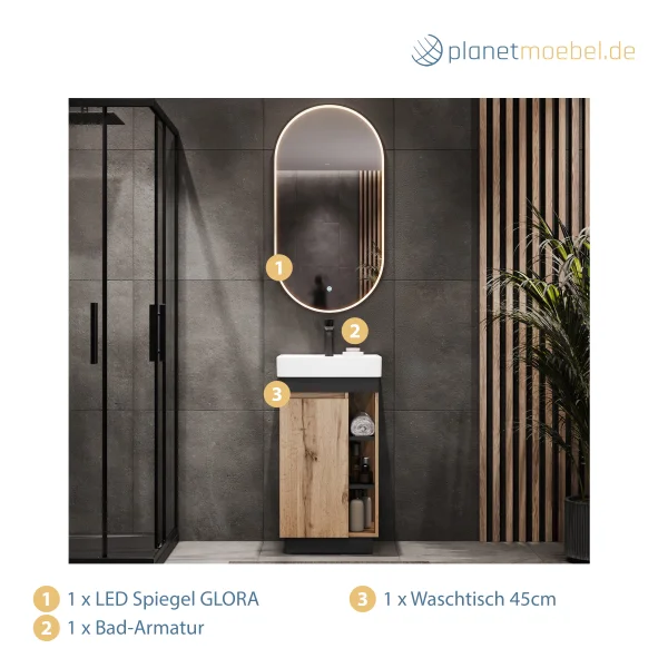 NYX Bathroom Furniture Set: 45 cm Wotan Oak Vanity with GLORA LED Mirror and Black Faucet