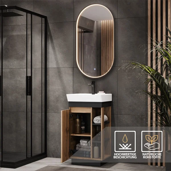 Ensemble de meubles de salle de bains NYX : lavabo de 50 cm en chêne Wotan, miroir GLORA à LED et robinetterie noire