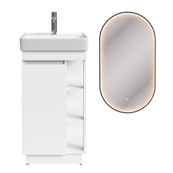 Ensemble de meubles de salle de bains NYX : lavabo de 45 cm blanc mat avec miroir GLORA à LED et robinetterie chromée