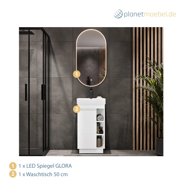 Ensemble de meubles de salle de bains NYX : meuble-lavabo 50 cm blanc mat avec miroir à LED GLORA