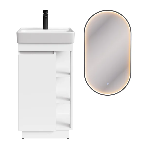 Ensemble de meubles de salle de bains NYX : lavabo 50 cm blanc mat avec miroir LED GLORA et robinetterie noire