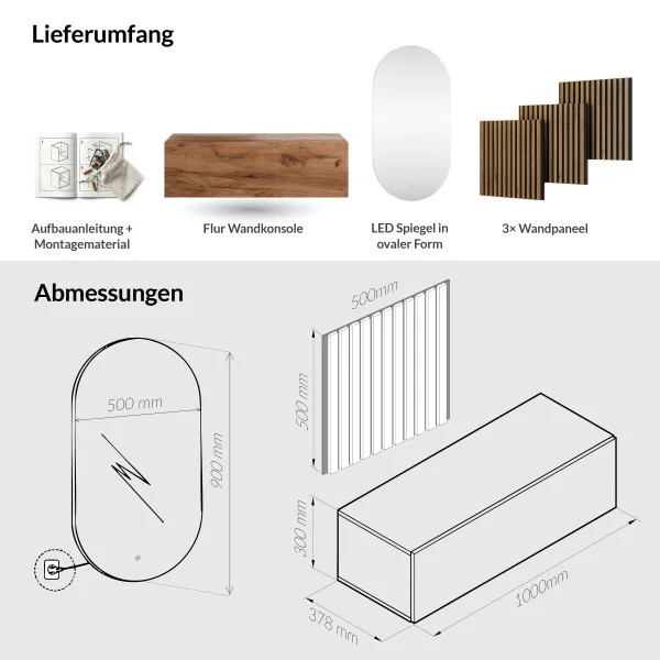 WEST Garderoben Set 100 cm mit AKUSTRA Paneelen und LED Spiegel