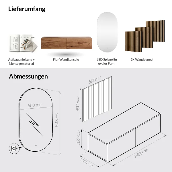 WEST Garderoben Set 140 cm mit AKUSTRA Paneelen und LED Spiegel