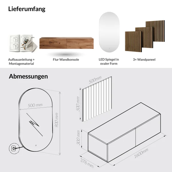WEST Garderoben Set 160 cm mit AKUSTRA Paneelen und LED Spiegel