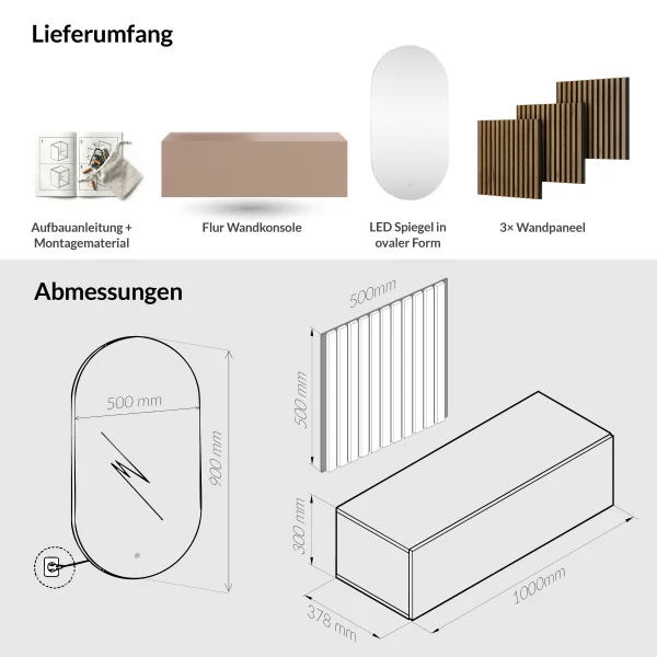 WEST Garderoben Set 100 cm in Kaschmir mit AKUSTRA Paneelen und LED Spiegel