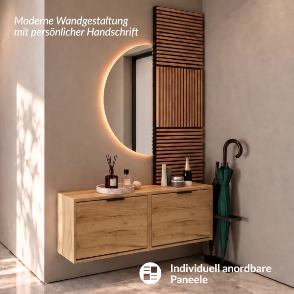 STIVIO Flur Set mit AKUSTRA Paneelen und NIVORA LED Spiegel