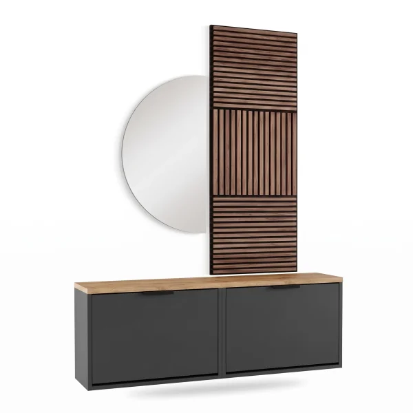 STIVIO Flur Set in Schwarz mit AKUSTRA Paneelen und NIVORA LED Spiegel