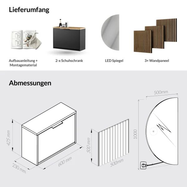 STIVIO Flur Set in Schwarz mit AKUSTRA Paneelen und NIVORA LED Spiegel
