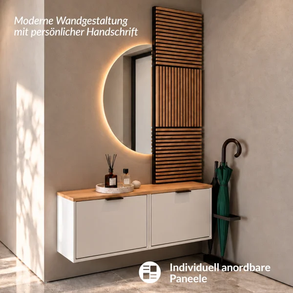 STIVIO Flur Set in Weiß-Grau mit AKUSTRA Paneelen und NIVORA LED Spiegel