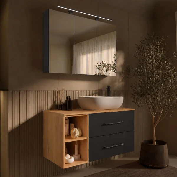 LUX Badmöbel Set 100 cm - Mit Spiegelschrank ARIA 100 cm in Anthrazit und Aufsatzwaschbecken
