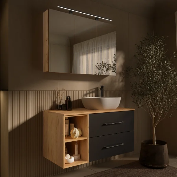 LUX Badmöbel Set 100 cm - Mit Spiegelschrank ARIA 100 cm in Gold Eiche und Aufsatzwaschbecken