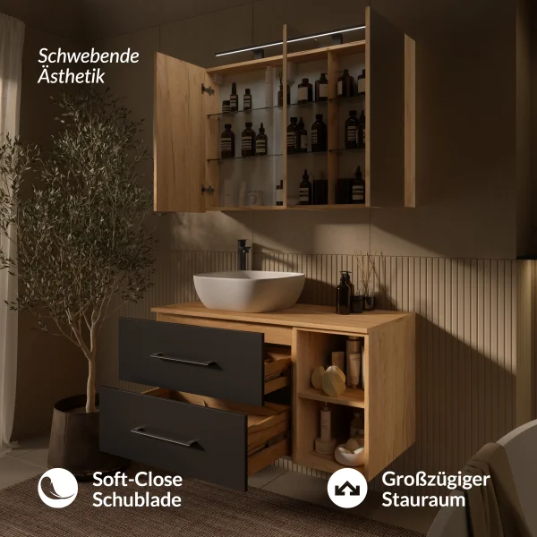 LUX Badmöbel Set 100 cm - Mit Spiegelschrank ARIA 100 cm in Gold Eiche und Aufsatzwaschbecken