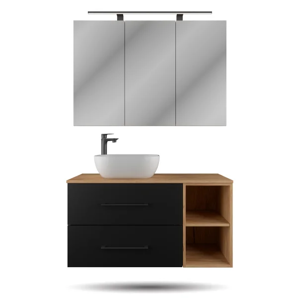 LUX Badmöbel Set 100 cm - Mit Spiegelschrank ARIA 100 cm in Gold Eiche und Aufsatzwaschbecken
