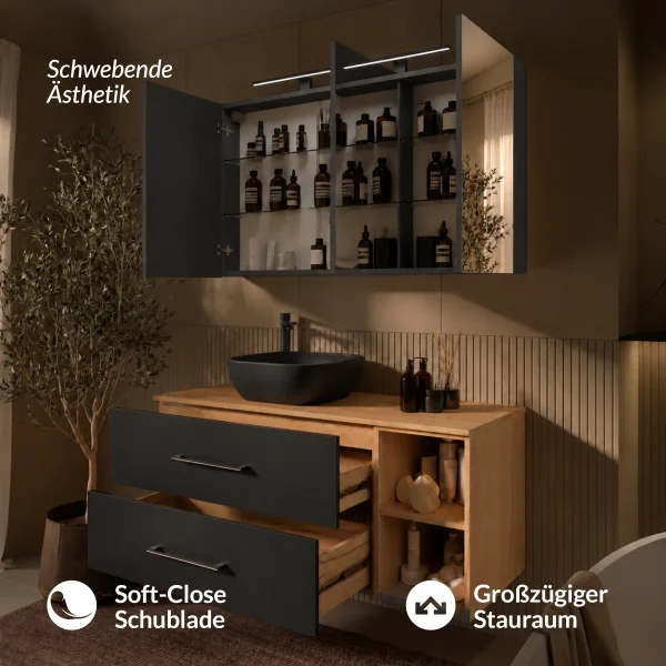 LUX Badmöbel Set 120 cm - Mit Spiegelschrank ARIA 120 cm in Anthrazit und Aufsatzwaschbecken