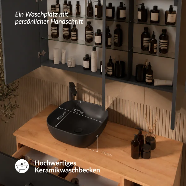 LUX Badmöbel Set 120 cm - Mit Spiegelschrank ARIA 120 cm in Anthrazit und Aufsatzwaschbecken