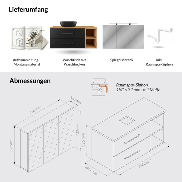 LUX Badmöbel Set 120 cm - Mit Spiegelschrank ARIA 120 cm in Anthrazit und Aufsatzwaschbecken